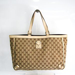 Gucci GG Canvas 141472 Unisex GG Canvas,Leather Tote Bag Beige,Ivory